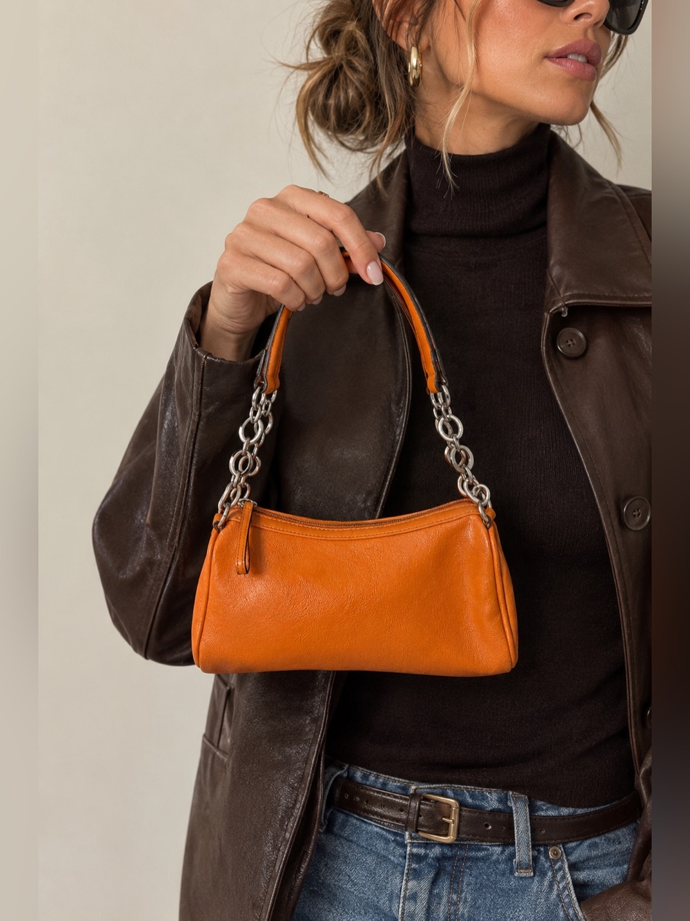 Vintage Barneys New York Orange Double Chain Handle Leather Mini Shoulder Bag